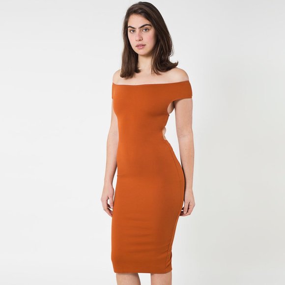 American Apparel Ponte Off-Shoulder Cross Back Dress - Burnt Orange - Medium - Picture 2 of 5